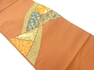 リサイクル　手織り紬切り嵌めに松鶴・菊模様織出し袋帯